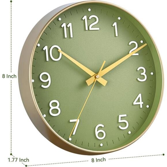 Wall Clock Green, Silent Wall Clocks Battery Operated 8 Inch-Modern Non Ticking - Picture 3 of 8